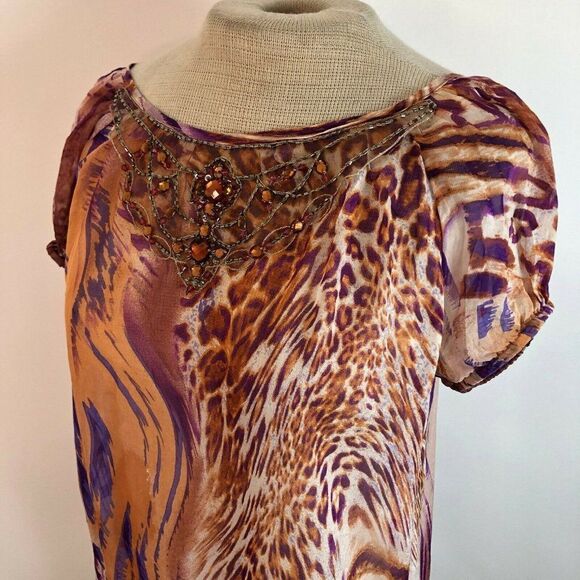 Karen Kane Sheer Drawstring Animal Print Top Shirt - Picture 3 of 4